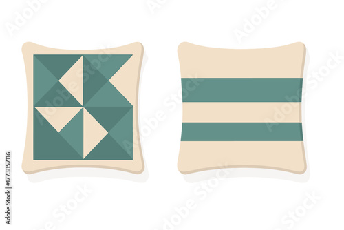 Modern decorative throw pillows featuring geometric quilt block and horizontal stripe patterns in teal and beige
