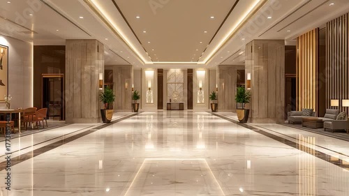 Spacious Luxury Hotel Lobby with Polished Marble Floor and Elegant Columns