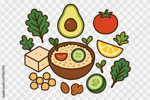 Assortment of fresh vegan ingredients including avocado tomato tofu greens and grains