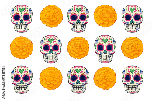 Colorful sugar skulls and marigold flowers seamless pattern for Day of the Dead holiday