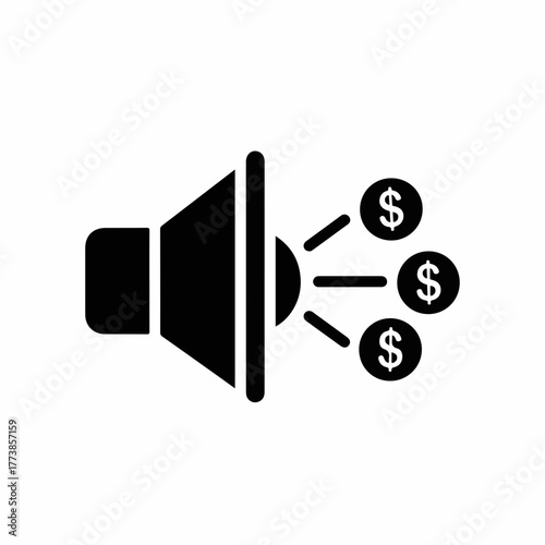 Speaker icon depicting income generation through targeted advertising, showing speaker dispersing coins. Speaker icon represents financial success, showing a speaker and coins depicting advertising.