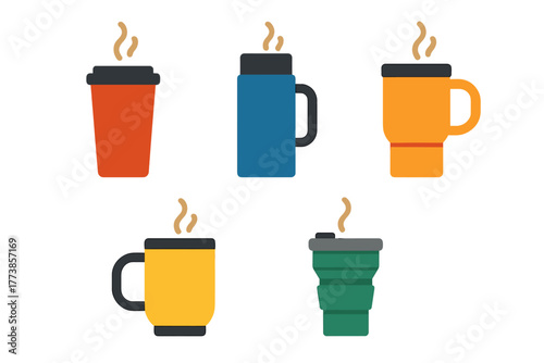 Colorful collection of hot drink cups, reusable travel mugs, and tumblers with steam