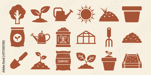 Comprehensive collection of solid filled icon set representing essential greenhouse farming elements including plants watering cans and seedlings in vibrant chocolate colors
