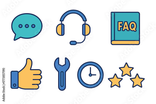 Set of customer service and technical support icons including chat, headset, FAQ, wrench, and rating stars