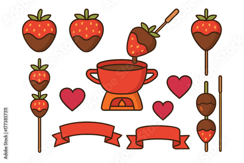 Chocolate covered strawberries, fondue pot, hearts, and decorative ribbons dessert collection