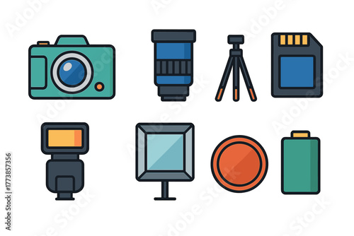 Essential photography equipment set featuring camera, lens, tripod, flash, and memory card accessories