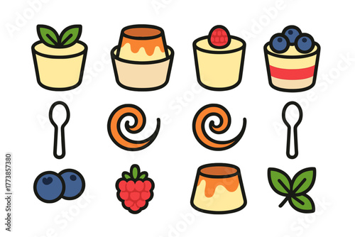 Set of sweet desserts including flan, pudding, blueberries, raspberries, and mint garnish