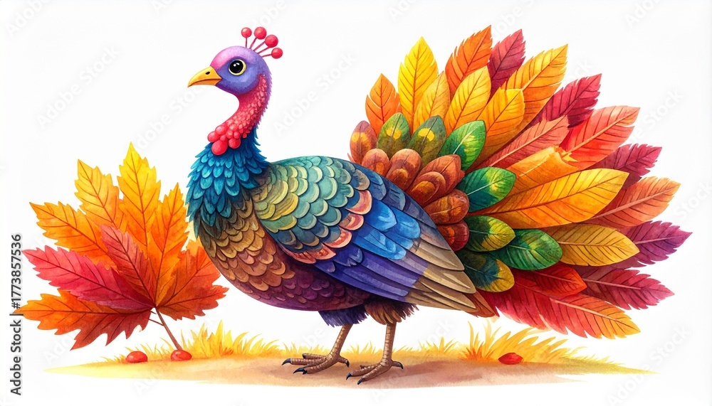 Obraz premium Colorful Illustrated Turkey with Vibrant Feathers on White Background Symbolizing Thanksgiving Celebration Artistic Expression and Editorial Seasonal Branding for Festive and Lifestyle Use