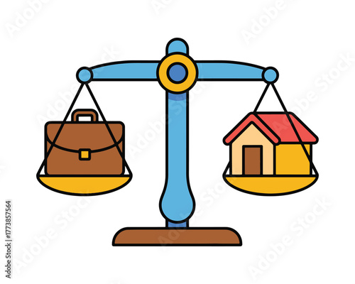 Work life balance conceptual illustration with briefcase and house on scales