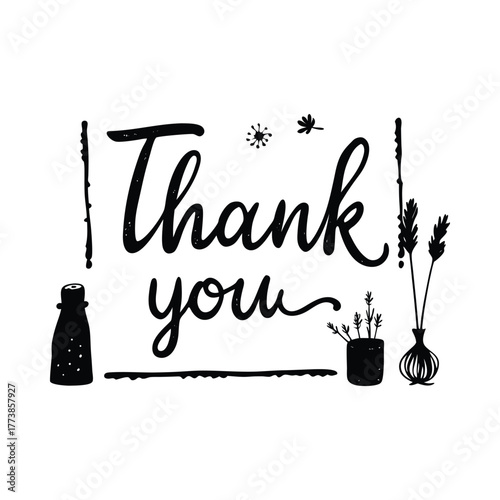 Hand drawn thank you text with decorative elements vector