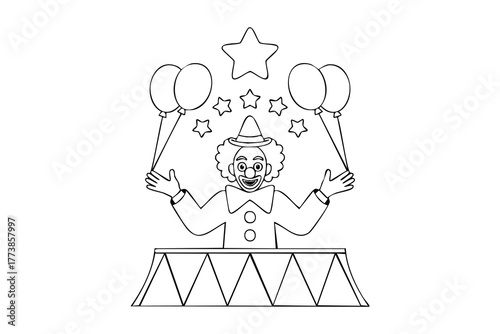 Happy clown holding balloons on a circus stage isolated on white background