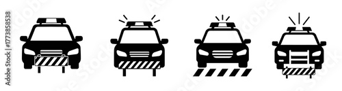 Four police car icons with lights and barricades, black and white.