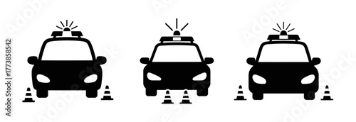 A set of three black police car icons with flashing sirens and traffic cones, isolated on a white background.