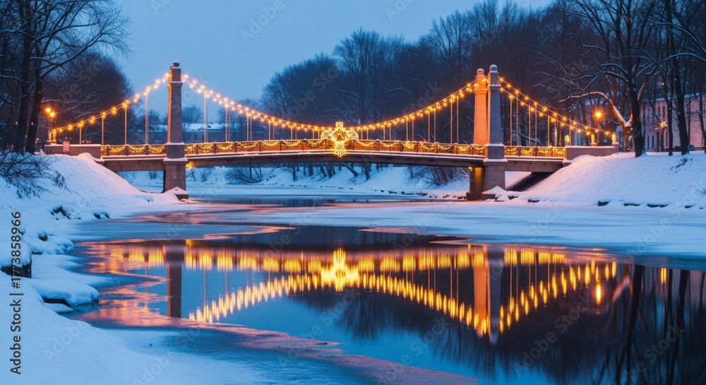 Fototapeta premium Snowy Bridge with Festive Lights Reflecting on Water in Winter Evening