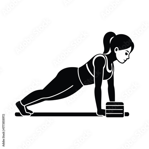 Black and white illustration of a woman in plank pose with hands on blocks fitness exercise