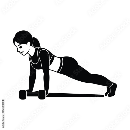 Woman in plank position with dumbbells and resistance band fitness exercise