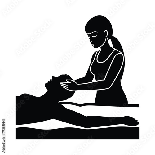 Silhouette of woman giving head massage to lying person vector