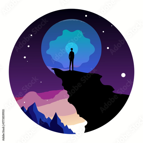 Lone figure on cliff edge gazes at cosmic sky silhouette
