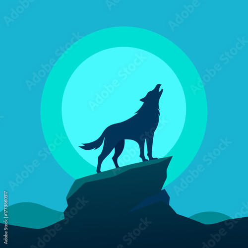 Lone wolf howling at the moon on a rocky cliff silhouette
