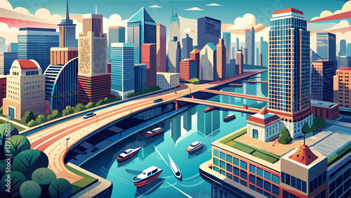 Very beautiful aerial view of the Chicago River in the morning, featuring boats cruising between bridges, city traffic, and reflections of modern skyscrapers in the calm water.