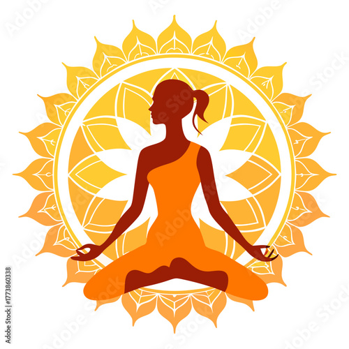 Woman meditating in lotus pose with sun mandala silhouette