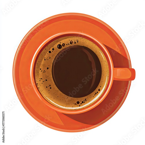 Top view of an orange cup of coffee on a saucer, ready to be enjoyed. The coffee is rich, dark and aromatic, with a delightful flavor