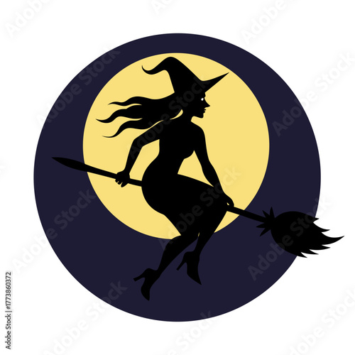 Classic witch flying on broomstick against a full moon silhouette