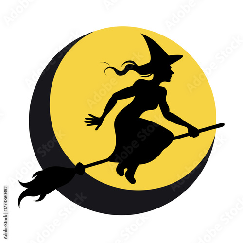 Classic halloween witch flying on broomstick against yellow moon silhouette
