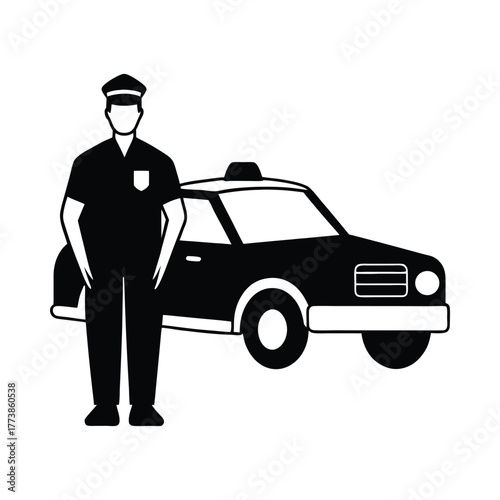 Black and white illustration of a taxi driver standing next to a car transportation vehicle