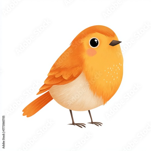 An adorable little bird with orange feathers, standing, against a pristine background. Its large, round eyes exude a sense of innocence, while its overall appearance is cheerful and inviting