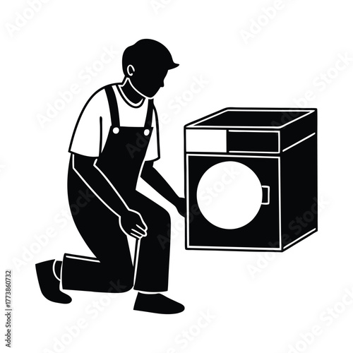 Black silhouette of a repairman kneeling beside a washing machine appliance