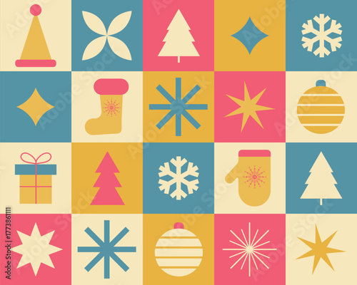 Christmas geometric festive seamless pattern. Modern geometric Christmas minimalist design for covers, banners, packaging, posters, advertisements, and wallpapers. Vector illustration.
