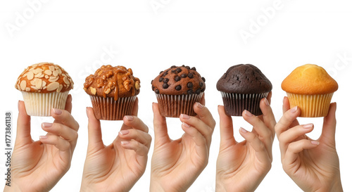 Assorted cupcakes held by hands isolated on a transparent background