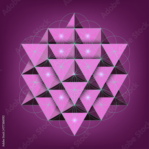 Spiritual Flower of Life, Yantra Mandala, neon effect seed of life, 3D Sacred Geometry, bright symbol of harmony and balance. Mystical talisman, vector isolated on purple background