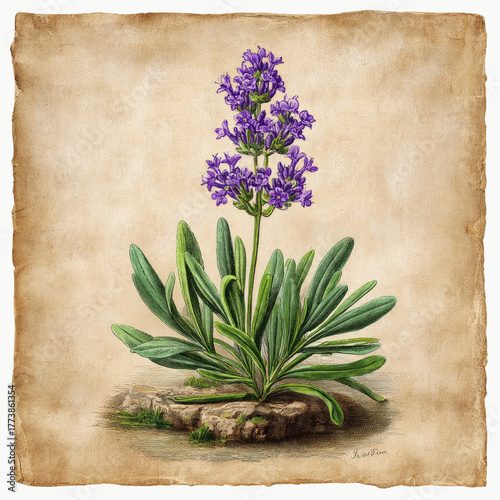 Vintage Botanical Lavender Flower Illustration on Aged Paper