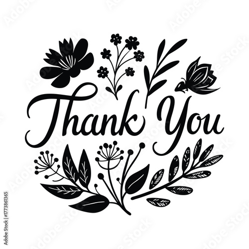 Black floral wreath with handwritten thank you text lettering calligraphy