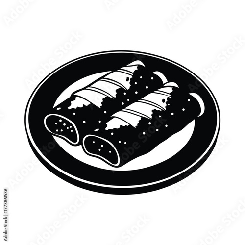 Black and white illustration of two chicken enchiladas on a plate food mexican