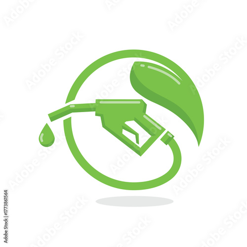 Green fuel logo showing eco friendly gasoline nozzle with leaf and droplet symbolizing sustainable and clean energy concept.