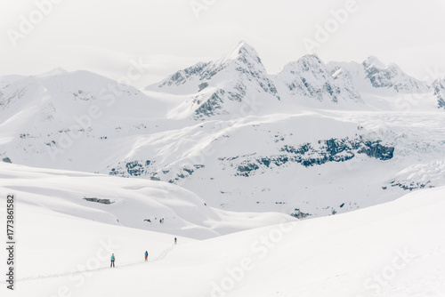 Skiers enjoy a backcountry tour in the Northern Rockies of British Columbia, Canada.
