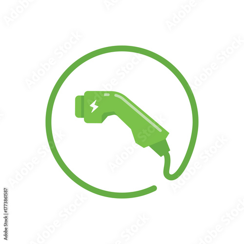 Green electric vehicle charger icon with circular line, symbolizing clean energy, eco mobility, and sustainable transportation.