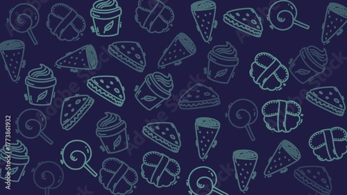 Wallpaper Mural Food pattern doodle showcases sweet treats in a fun seamless design. Suitable for print materials, packaging, social media posts, and stationery. Torontodigital.ca
