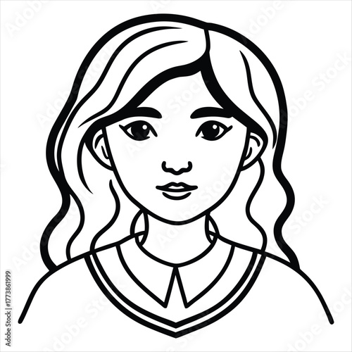 Illustration of a young woman with wavy hair, wearing a collared shirt, isolated on white background a simple, clean design suitable for various applications