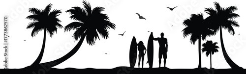 Silhouette of surfers with surfboards on tropical beach under palm trees with flying birds and ocean view in summer sunsetSilhouette of surfers with surfboards on 