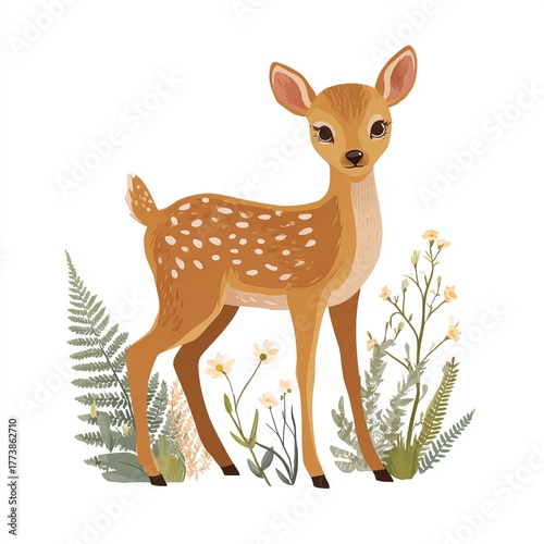 An adorable cartoon deer in a field of flowers