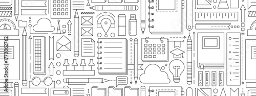 Back to school seamless pattern with study supplies and office stationery. Geometric poster of education and work concept with icons of pen, pencil, book, notebook, calendar and folders, vector illust