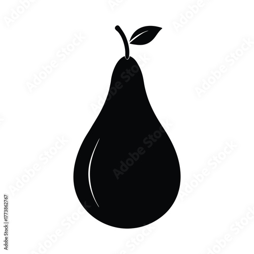 Black pear fruit silhouette with stem and leaf on white background vector