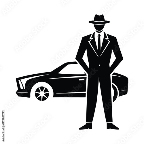 Black silhouette of a man in a suit and fedora standing next to a car vector