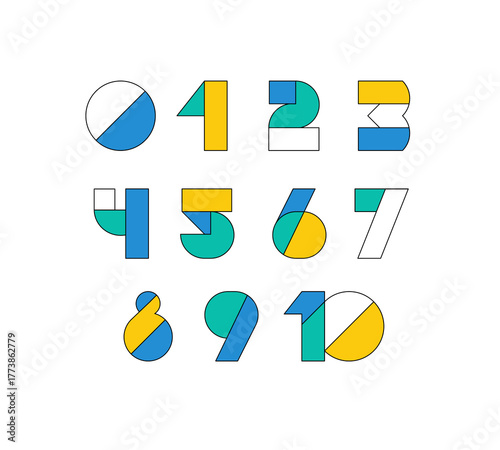 Typography font with geometric numbers set. Modern abstract typeface design in geometry style. Set of math symbols from zero to 9, vector illustration