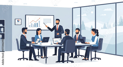 Business Meeting and Presentation with Team in Modern Office