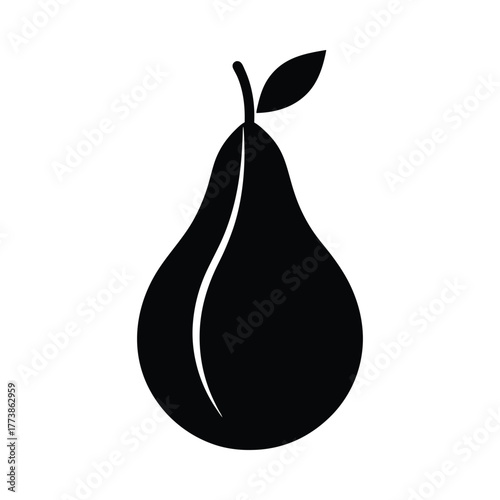 Black silhouette of a pear with a stem and leaf on white background fruit